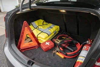 Coffre de voiture organisé avec les accessoires indispensables : gilet de sécurité, triangle de signalisation, trousse de premiers secours et câbles de démarrage