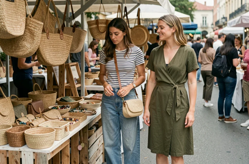 Deux femmes au marché urbain découvrant des accessoires en raphia, sacs et ceintures tressés, style casual chic aux tonalités naturelles