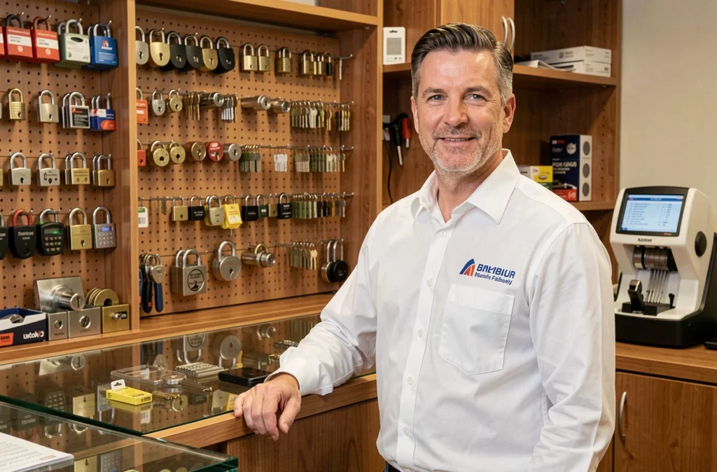 Serrurier professionnel derrière le comptoir de sa boutique présentant une gamme de cylindres et cadenas