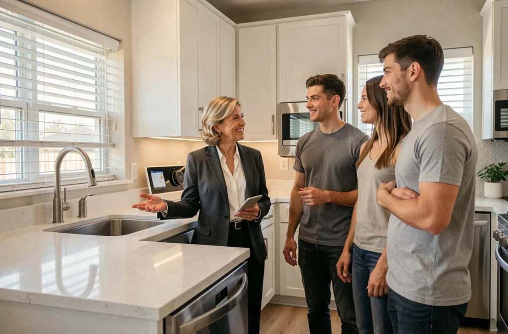 Agent immobilier présentant une cuisine connectée domotisée à un jeune couple lors d'une visite