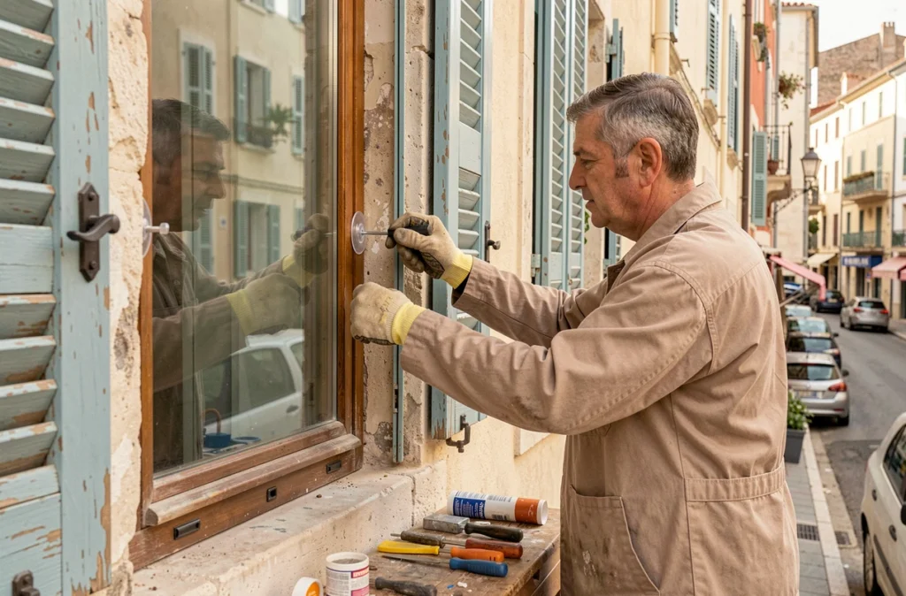 Serrurier-vitrier expérimenté posant une vitre dans un encadrement de fenêtre d'un immeuble marseillais