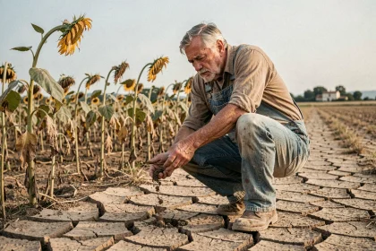 Agriculteur français examinant une terre craquelée par la sécheresse dans un champ de tournesols desséchés en France