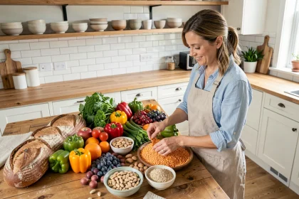 Femme arrangeant une variété d'aliments nutritifs sur une table en bois dans une cuisine moderne pour illustrer une alimentation équilibrée