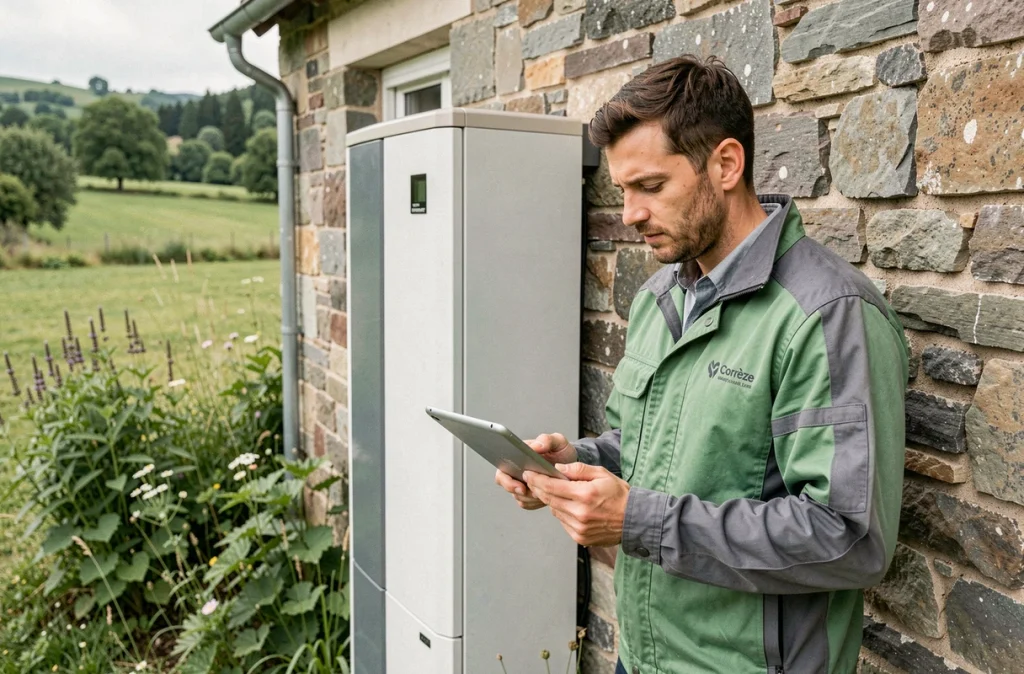 Technicien d'Alliance Energies vérifie une pompe à chaleur murale sur une maison rurale en Corrèze