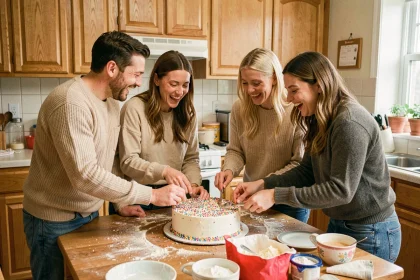 Groupe d'amis qui décorent un gâteau d'anniversaire fait maison dans une cuisine conviviale