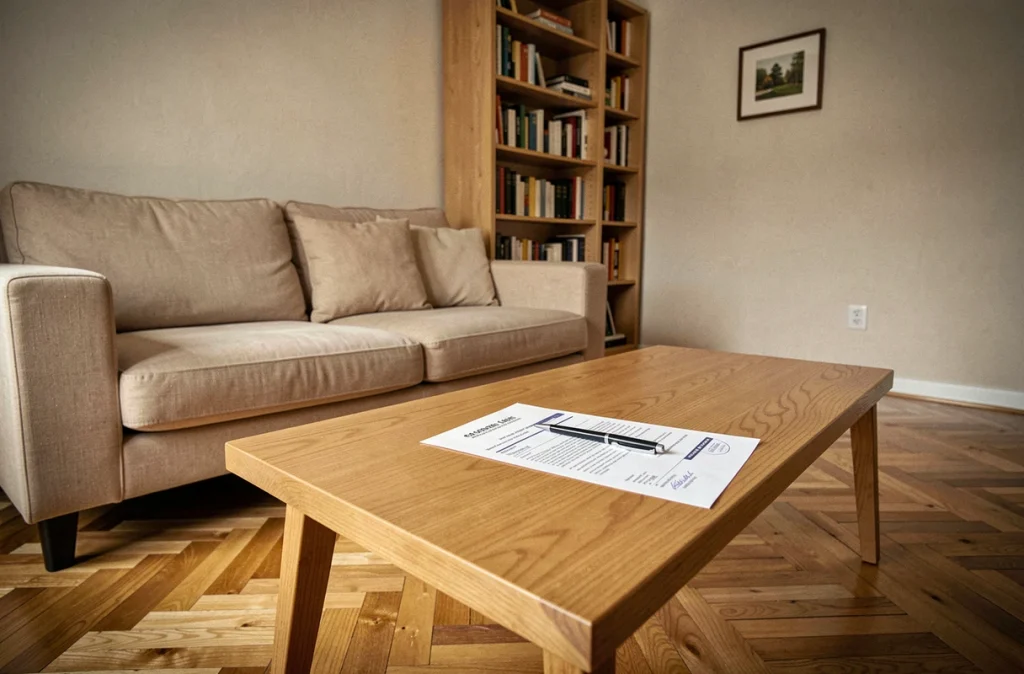 Appartement meublé en location avec contrat de bail posé sur la table basse, illustration des enjeux fiscaux