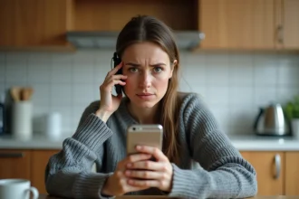 Femme inquiète regardant un appel entrant d'un numéro inconnu sur son smartphone dans une cuisine