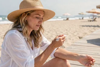 Femme appliquant de la crème solaire sur son avant-bras sur une promenade en bois face à la plage en été