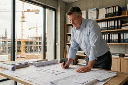 Architecte examinant des plans de construction intégrant les nouvelles normes thermiques dans un bureau moderne