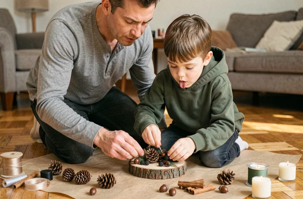 Père et fils fabriquant ensemble une décoration saisonnière en matériaux naturels sur le sol du salon lors d'un atelier en famille