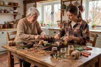 Famille réunie autour d'une table en bois pour fabriquer des décorations saisonnières naturelles lors d'un atelier créatif en famille