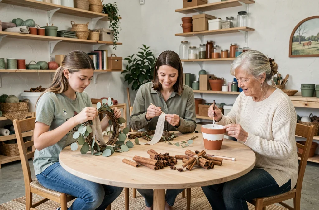 Trois femmes de générations différentes créant des décorations saisonnières artisanales ensemble dans un atelier familial convivial