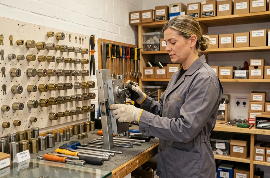 Serrurier femme dans son atelier de serrurerie en Anjou avec outils professionnels