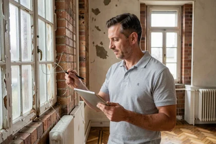 Auditeur énergétique inspectant l'isolation d'un appartement ancien pour établir un diagnostic de performance énergétique