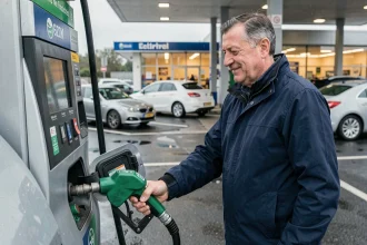 Automobiliste français faisant le plein d'éthanol E85 à une station-service moderne en France