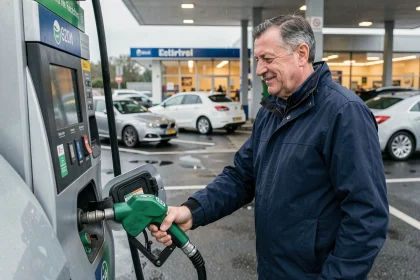Automobiliste français faisant le plein d'éthanol E85 à une station-service moderne en France