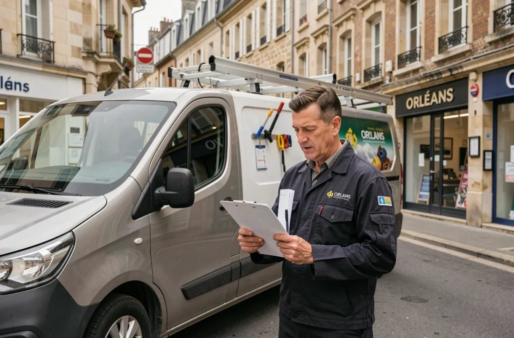 Employé de BAT+4 devant le véhicule de l'entreprise de plomberie dans une rue d'Orléans, révisant un bon d'intervention