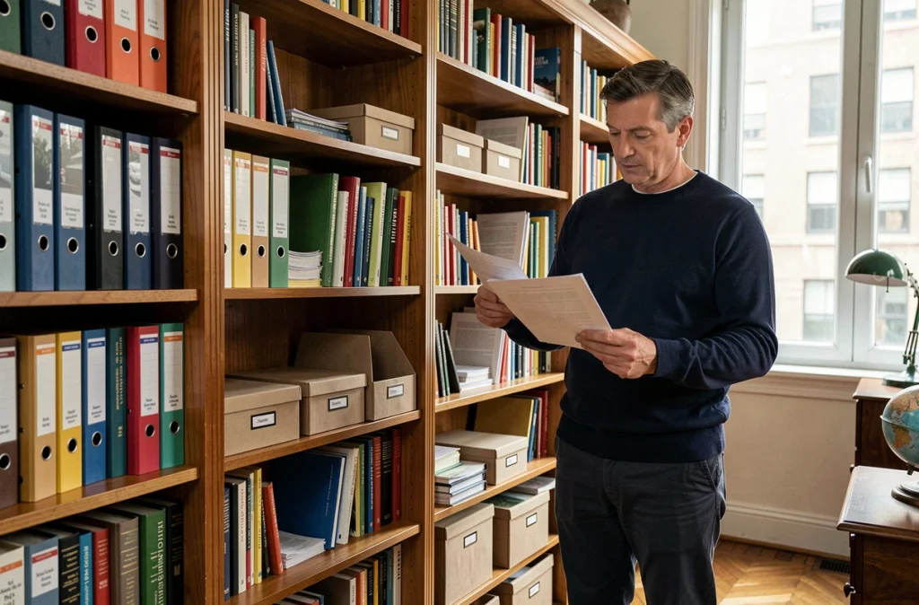 Homme consultant des documents devant une bibliothèque rangée dans un bureau à domicile organisé