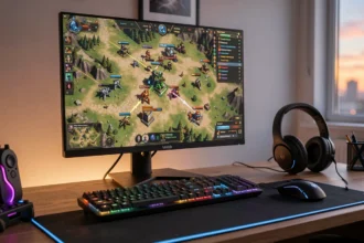 Bureau de joueur avec une carte de stratégie à l'écran