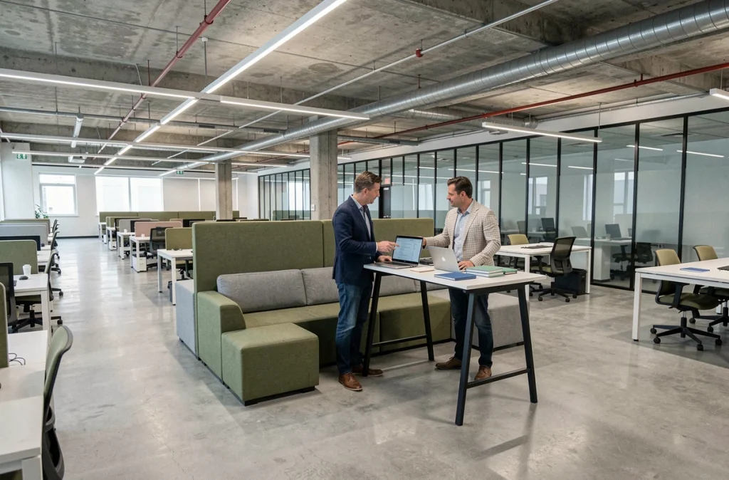 Espace de bureau d'entreprise réaménagé en zone collaborative flexible suite au développement du télétravail