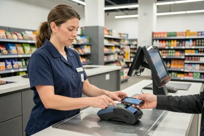 Caissière scannant des articles pendant qu'un client paye sans ticket de caisse papier avec son smartphone