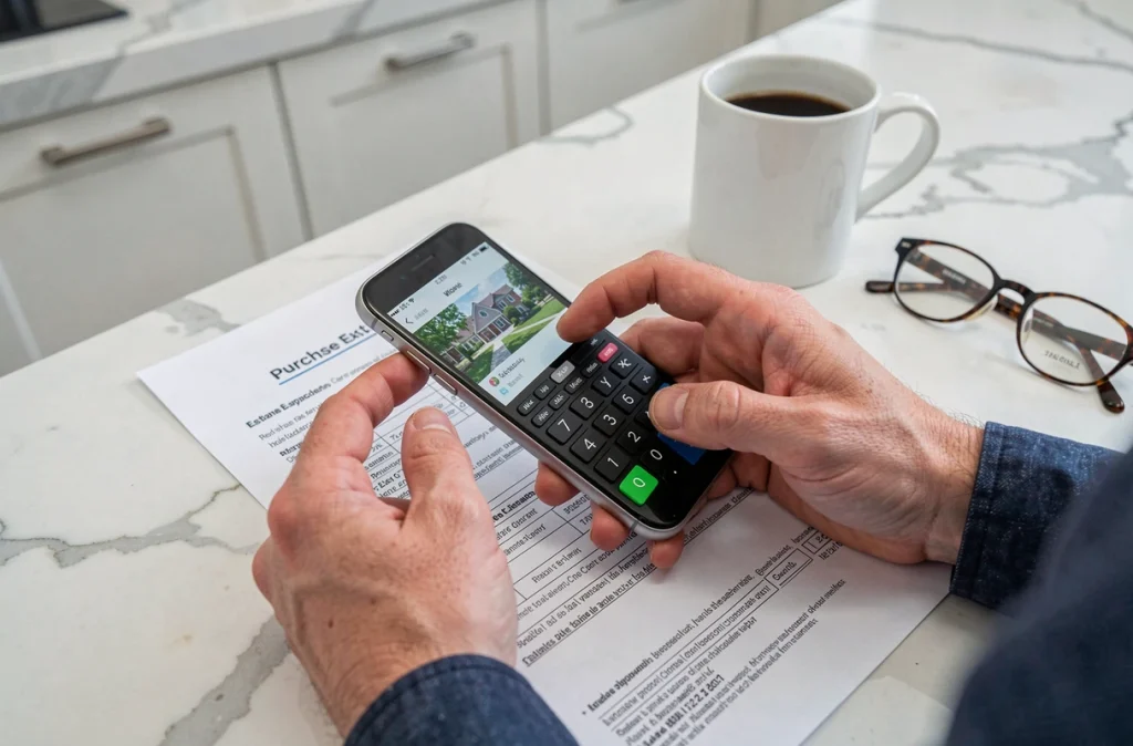 Calcul des frais d'achat immobilier avec calculatrice et documents sur un comptoir