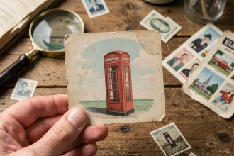 Carte postale vintage cabine téléphonique tenue par un collectionneur avec loupe et catalogue sur bureau en bois
