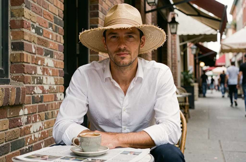 Homme portant un chapeau en raphia à bords bruts dans un café en plein air urbain, style éditorial masculin aux tons naturels