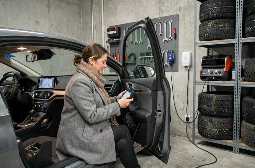 Femme branchant un chargeur de maintien sur la batterie de sa voiture dans un garage domestique en hiver