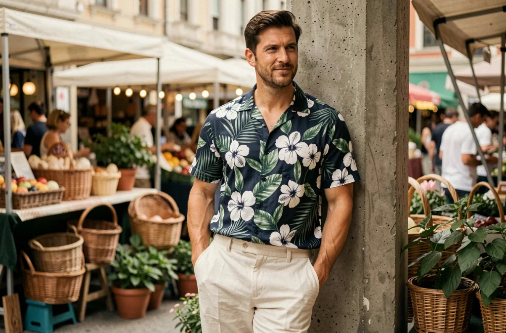 Homme en chemise fleurie tropicale à motif hibiscus dans un marché en plein air
