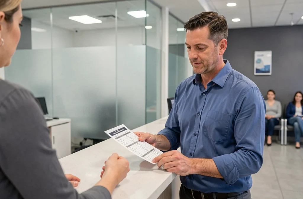 Client examinant une brochure de frais bancaires dans une agence bancaire française