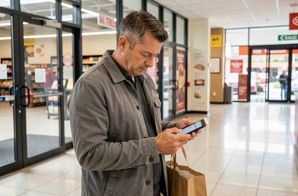 Homme consultant son ticket de caisse dématérialisé sur smartphone à la sortie d'un supermarché