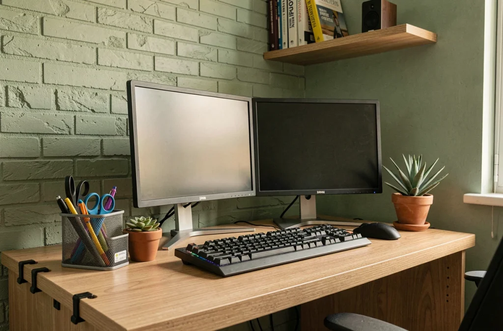 Bureau d'angle à domicile bien organisé avec double écran, accessoires rangés et décor minimaliste