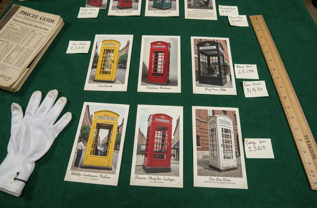 Ensemble de cartes postales vintage de cabines téléphoniques étalées sur table de collection avec étiquettes de prix