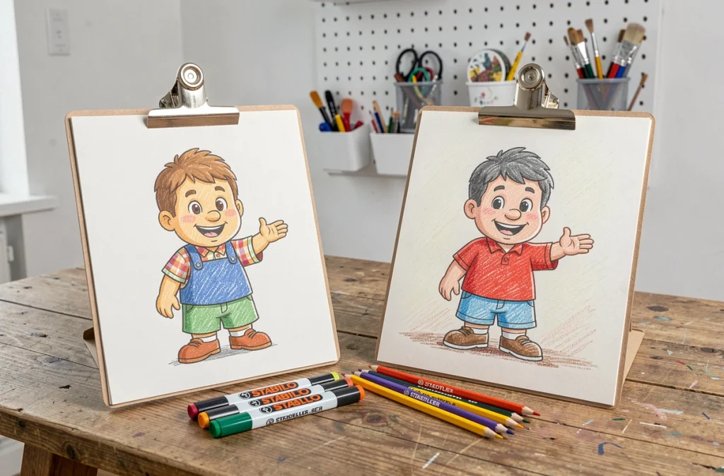 Comparaison côte à côte d'un dessin colorié au feutre versus au crayon de couleur sur une table en bois