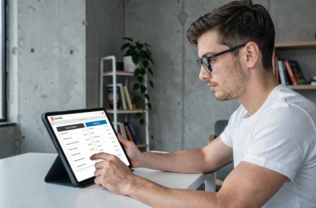 Jeune homme comparant les frais bancaires en ligne sur une tablette dans un appartement moderne