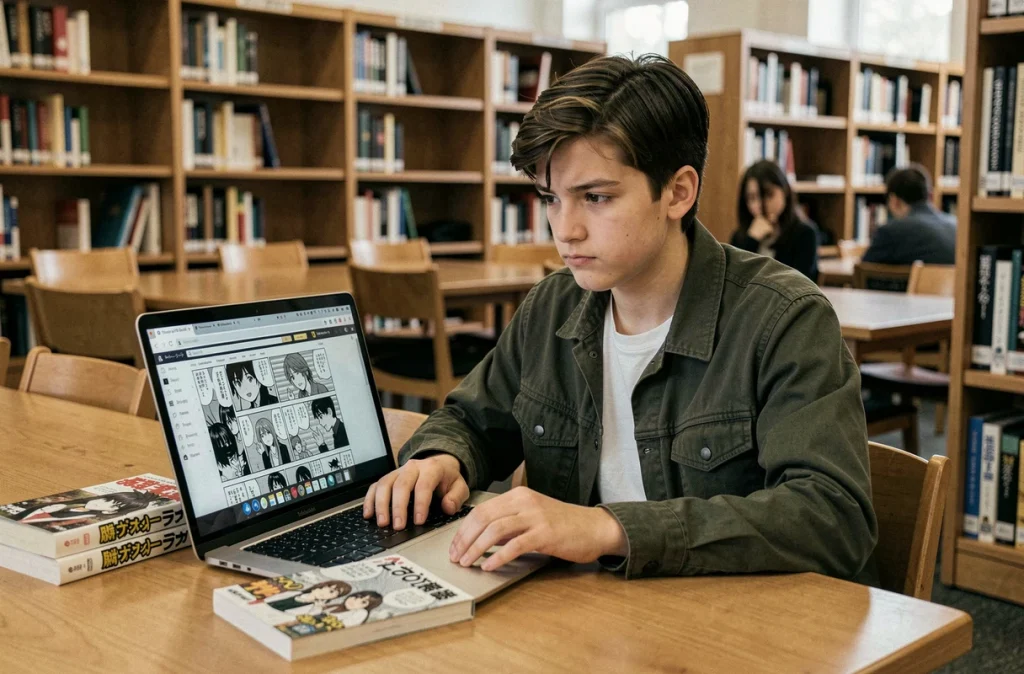 Adolescent comparant la lecture de One Piece en ligne et en version physique dans une bibliothèque