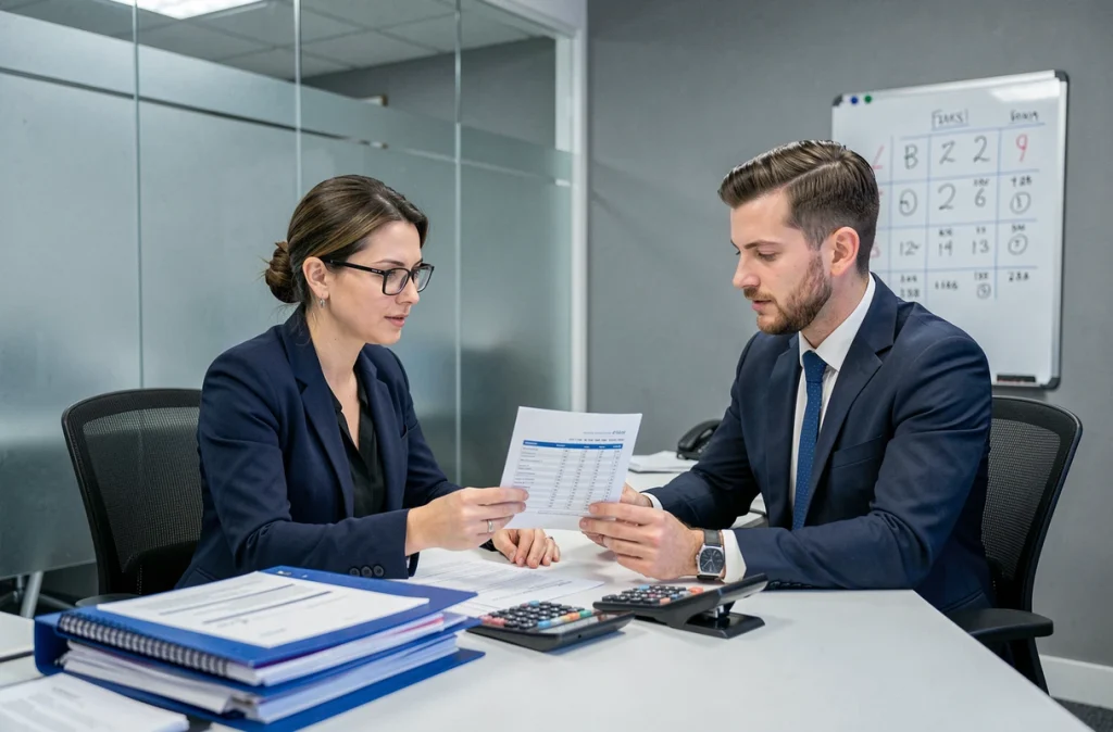 Consultation entre une propriétaire et un comptable pour optimiser la fiscalité d'un bien meublé