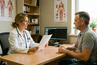 Médecin expliquant l'importance du dépistage du cancer à un patient lors d'une consultation médicale