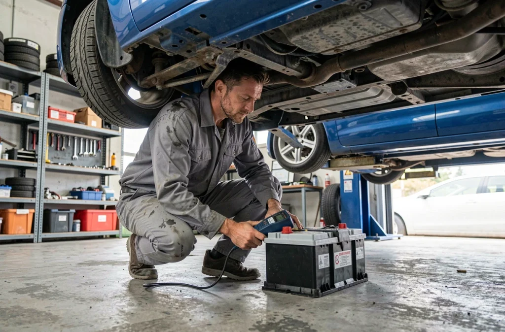 Mécanicien inspectant le dessous et la batterie d'une voiture électrique d'occasion en atelier