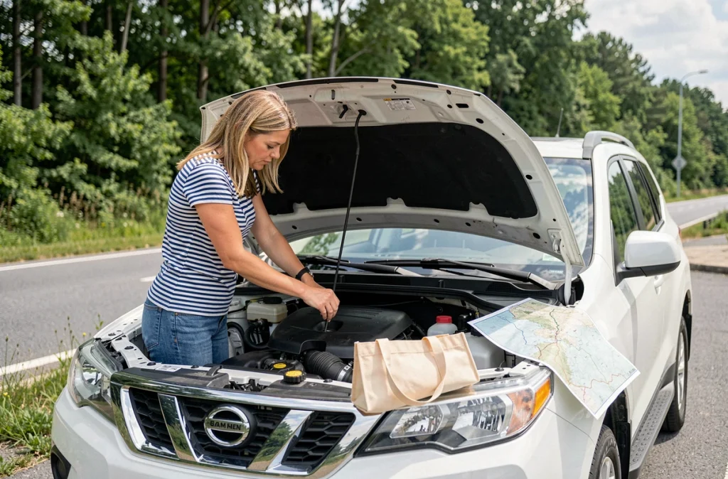 Femme vérifiant le niveau d'huile moteur de son SUV blanc lors d'une étape sur la route des vacances d'été