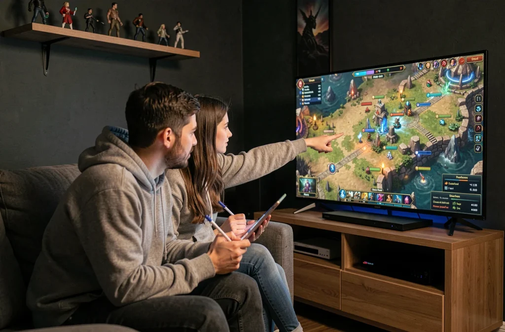 Deux joueurs coopèrent devant la télévision pour optimiser leur expérience dans la zone Royaume d'encre de Dofus