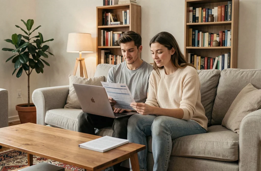 Couple analysant leur facture d'électricité sur un ordinateur portable dans un salon confortable