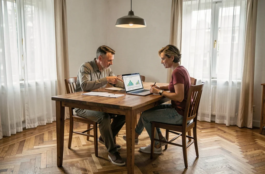 Couple analysant leurs factures d'énergie et leurs dépenses sur un ordinateur portable à la maison
