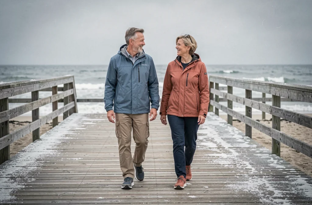 Couple de quinquagénaires marchant ensemble sur une promenade côtière en bord de mer, illustrant les bienfaits sociaux et cardiovasculaires de la marche quotidienne