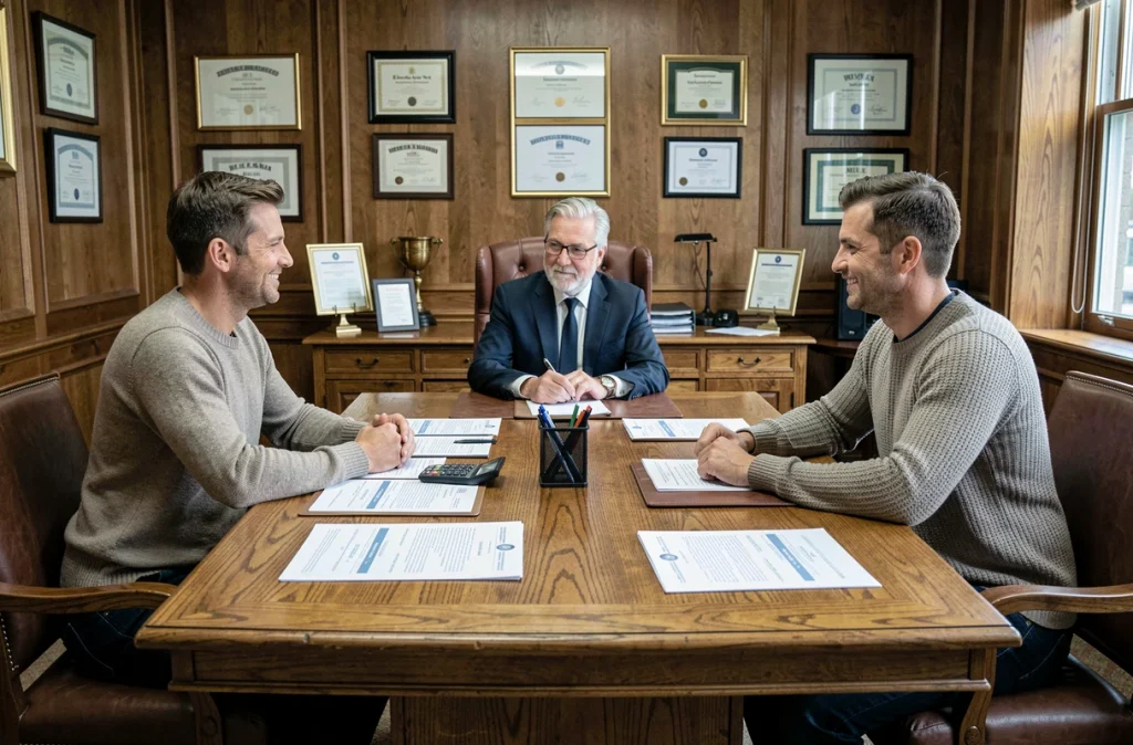 Couple signant un contrat immobilier chez le notaire avec frais de transaction