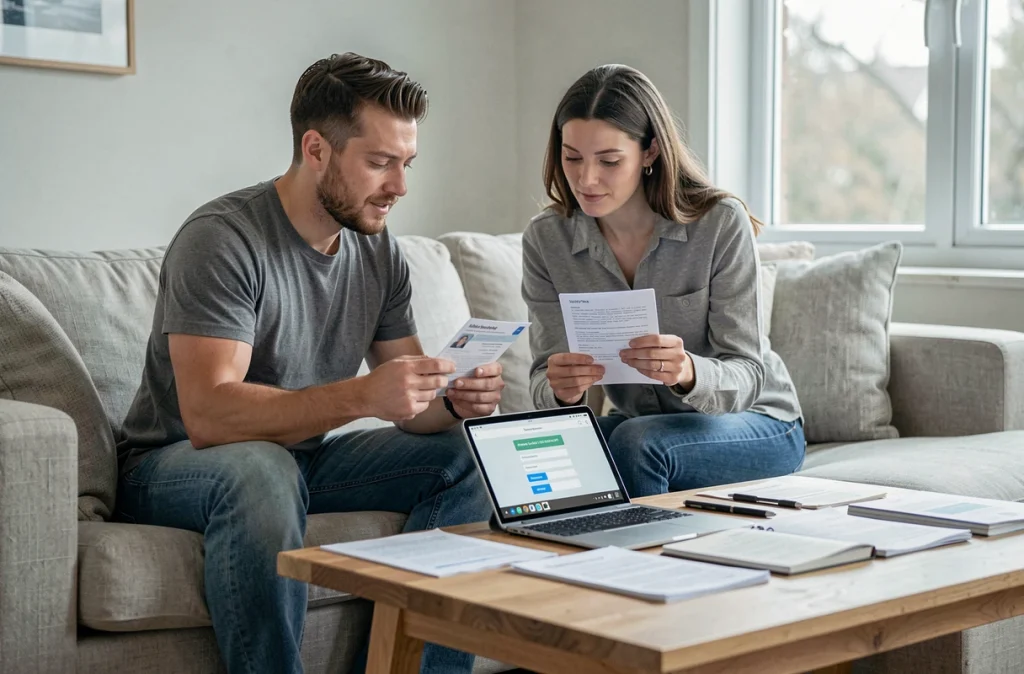 Couple consultant des documents pour ouvrir un compte bancaire en ligne ensemble dans leur salon