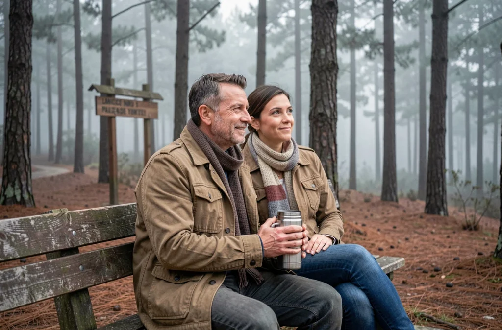 Couple assis sur un banc en forêt partageant un thé chaud, profitant d'un moment de sérénité et de connexion au cœur des bois