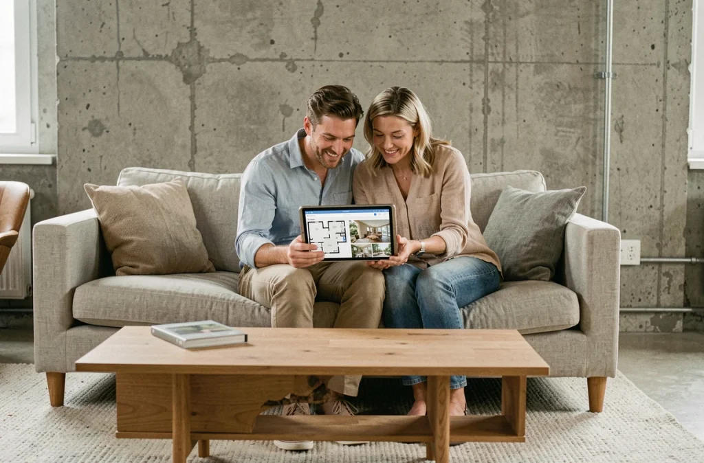 Couple recherchant un bien immobilier sur une tablette numérique depuis leur salon, illustrant la digitalisation de l'achat immobilier
