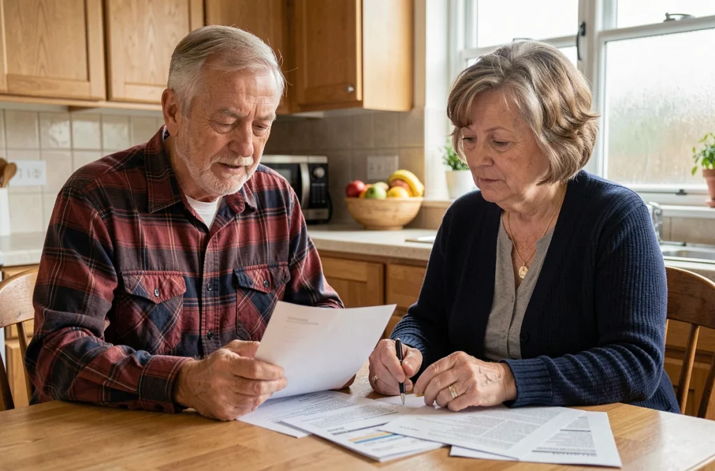 Couple de seniors examinant ensemble leur déclaration d'impôts 2024 autour de la table de cuisine